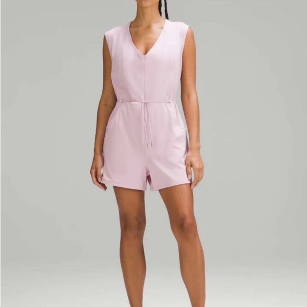 Lululemon Athletica French Terry V-Neck Romper in Light Pink